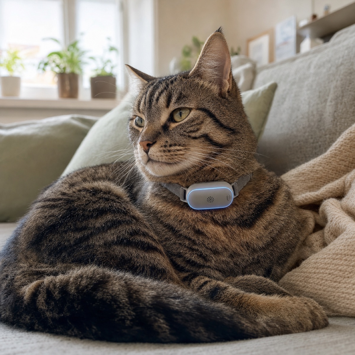 Tabby cat resting on a sofa wearing PawLink